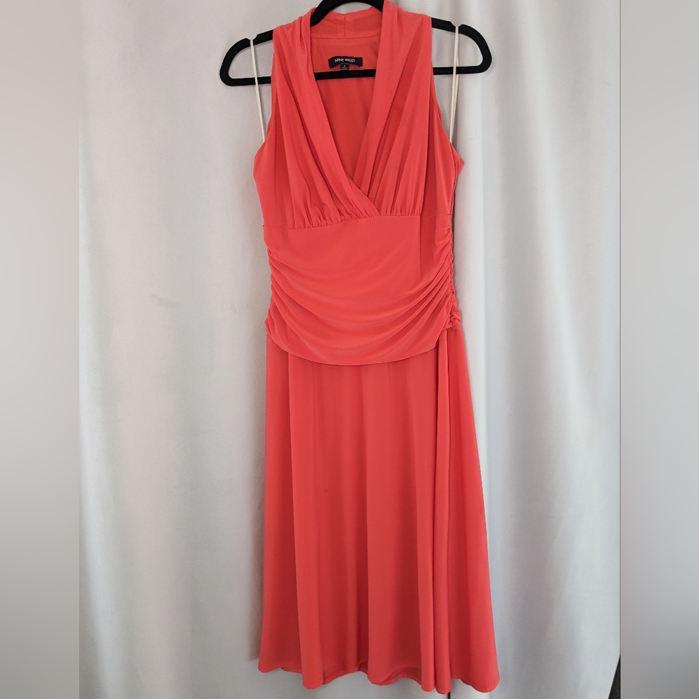 Nine West Fireglow Coral Sleeveless Ruched Halter Cocktail Dress V-Neck, Size: 8 - Picture 2 of 7